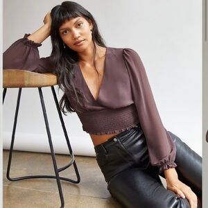 Aritzia Wilfred Wistful V-Neck Long Sheer Sleeve Smocked Blouse Ruffle Edges